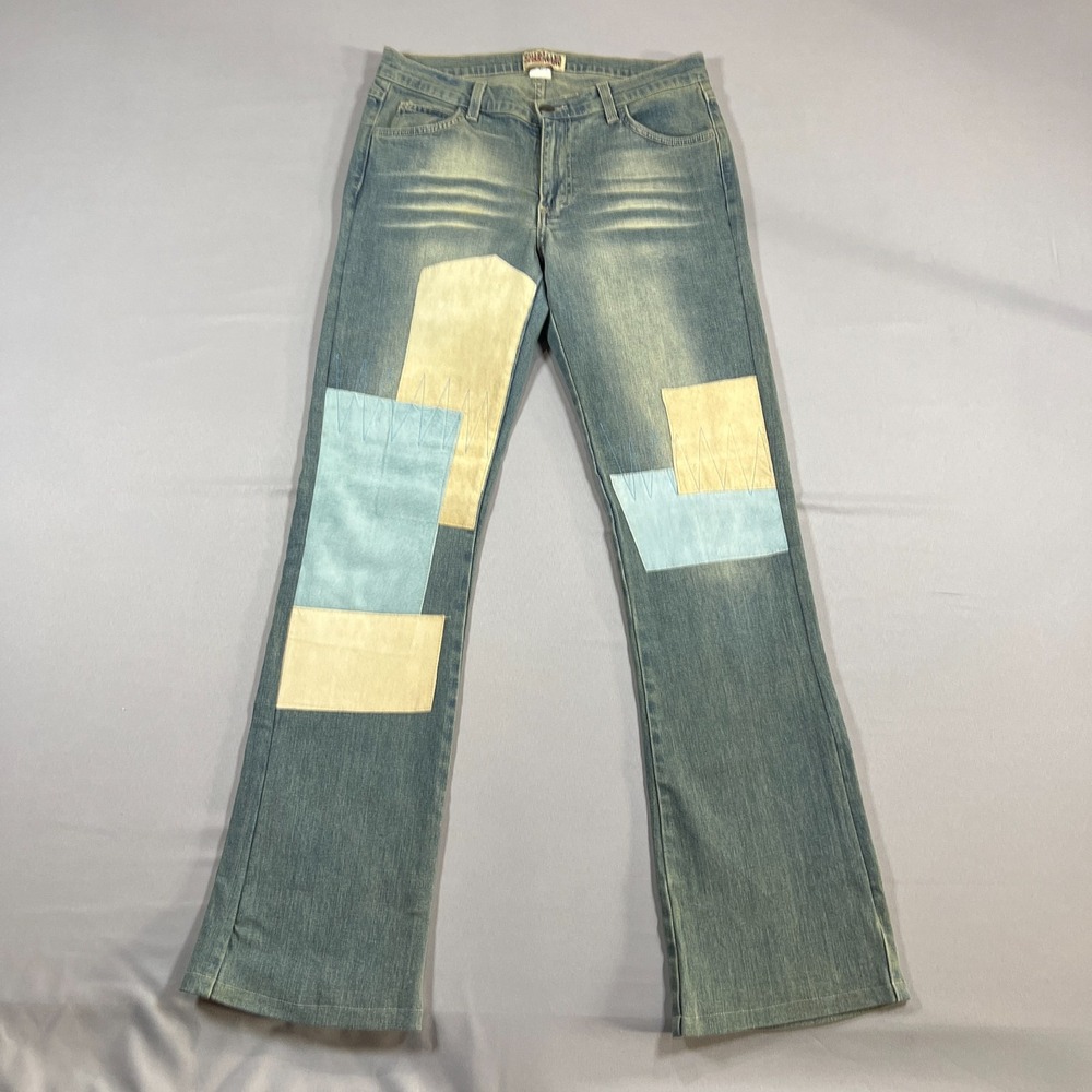 Sharagano Bootcut Jeans Womens Large Blue Patchwork Denim Whiskering Low Rise